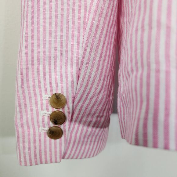 Talbots Woman Aberdeen Blazer Jacket Size 6 Linen Blend Pink Stripes Pockets - Picture 8 of 12